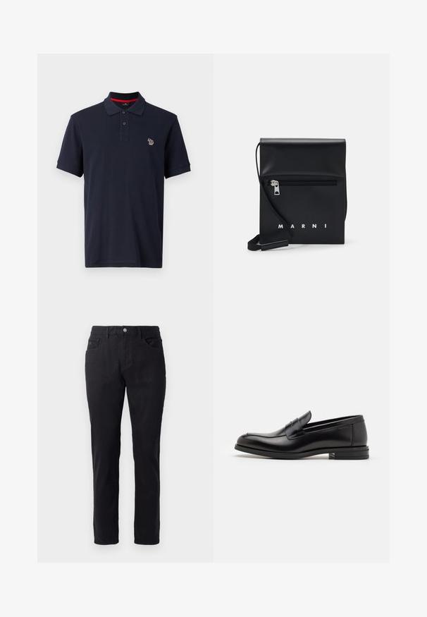 Polo in cotone di colore navy, con colletto tradizionale, pattina con tre bottoni e un piccolo logo ricamato sul lato sinistro del petto.; Pantaloni neri in cotone con design a gamba dritta, dotati di chiusura con bottone, due tasche frontali e texture liscia.; Mocassini neri in pelle con una texture liscia, punta arrotondata e una striscia decorativa sulla tomaia. Tacco basso impilato, design minimalista.; Borsa a tracolla in pelle nera con tasca frontale con zip, logo in rilievo e tracolla regolabile. Texture liscia con una forma strutturata.