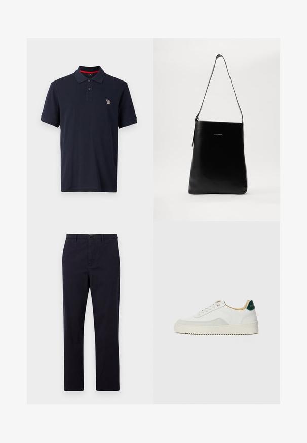 Marineblaues Poloshirt aus Baumwolle mit traditionellem Kragen, dreiknöpfigem Verschluss und kleinem gesticktem Logo auf der linken Brust.; PS Paul Smith TROUSER - Chino - dark blue; Weiße Sneaker mit Wildlederelementen, runder Zehenpartie, flachen Schnürsenkeln und einer cremefarbenen Gummisohle. Mit grünen Markenlogo am Fersenbereich.; Schwarze Leder-Schultertasche mit glatter Textur, rechteckiger Form und langem Trageriemen; verfügt über ein kleines weißes Logo in der Mitte.