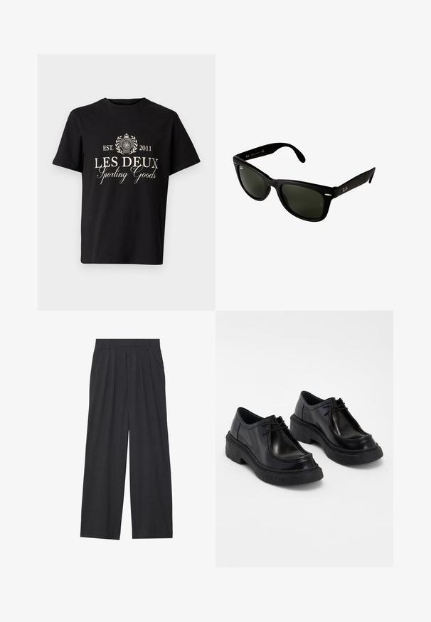 Musta puuvillainen t-paita, jossa on pyöreä kaulus, ja valkoisella painettuna teksti: "LES DEUX Sporting Goods" sekä logo laakerinlehtikoristeilla.; Suorat lahkeet valmistettu tummanharmaasta kankaasta. Ominaisuuksiin kuuluu laskokset vyötäröllä, muotoilu on siisti ja siluetti suora.; Mustat nahkakengät, joissa on pyöreä kärki, nauhakiinnitys ja teksturoitu musta kumipohja, ja reunassa on kontrastoivaa ommelta.; Mustikka muoviset aurinkolasit tummilla vihreillä linsseillä. Neliömäinen kehysornamentti, jossa on hopeiset yksityiskohdat ja kohokuvioitu logo ohjaimessa.