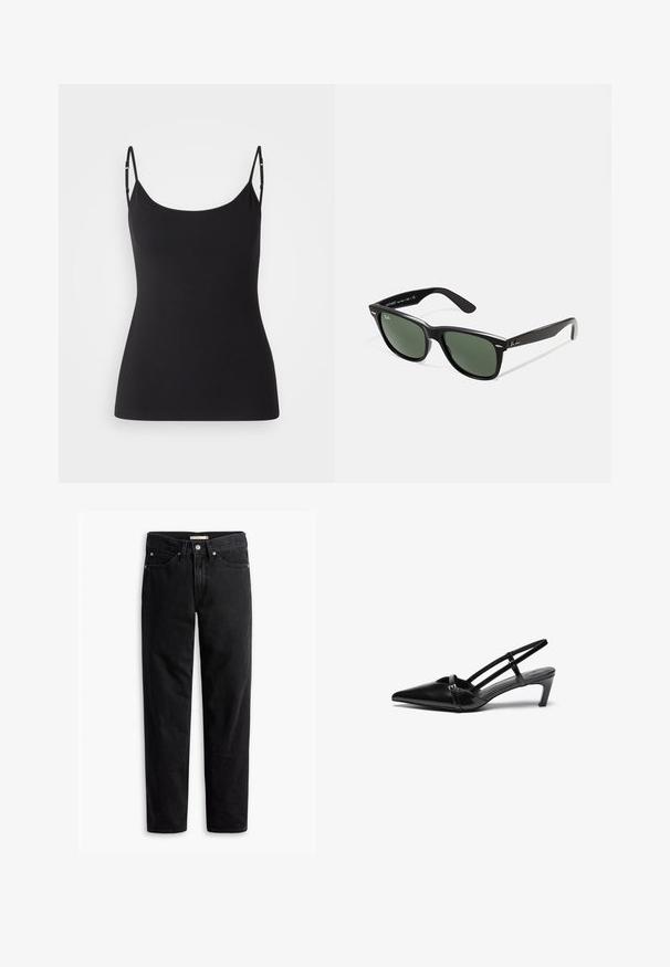 Schwarzes Camisole mit dünnen, verstellbaren Trägern, gefertigt aus einem glatten, elastischen Stoff. Verfügt über einen Rundhalsausschnitt und eine figurbetonte Silhouette.; Schwarze gerade Jeans mit Knopf- und Reißverschluss, Gürtelschlaufen sowie Vorder- und Gesäßtaschen, auf weißem Hintergrund flach präsentiert.; Schwarze Lackleder-Slingback-Schuhe mit spitzem Fuß, Einzelriemendetail und niedrigem, strukturiertem Absatz. Glatte Textur mit minimalen Akzenten.; Schwarze Plastiksonnenbrille mit grünen Gläsern, quadratischen Rahmen, silbernem Akzent auf der Augenbraue und strukturierten Bügeln. Angegebene Marke auf dem inneren Bügel.