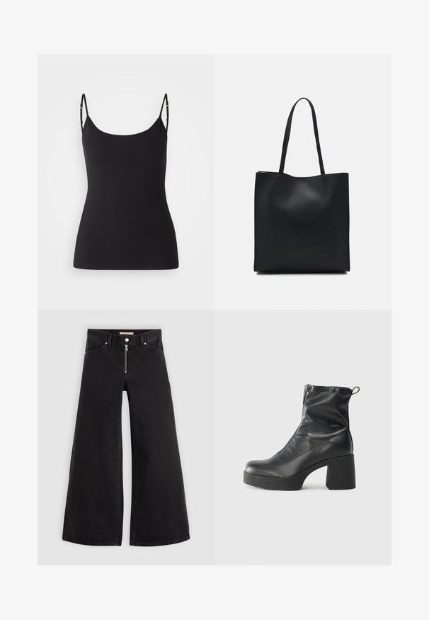 Schwarzes Camisole mit dünnen, verstellbaren Trägern, gefertigt aus einem glatten, elastischen Stoff. Verfügt über einen Rundhalsausschnitt und eine figurbetonte Silhouette.; Schwarze Denim-Jeans mit weitem Bein, Reißverschluss vorne, Fünf-Taschen-Design und dezenten Stickdetails. Glatte Textur und lässiger Stil.; Schwarze Stiefeletten aus glattem Leder mit seitlichem Reißverschluss, klobigem strukturiertem Absatz und runder Zehenform.; Schwarze Laptoptasche aus Leder mit glatter Textur, rechteckiger Form und zwei langen Griffen. Keine sichtbaren Beschläge oder Verzierungen.