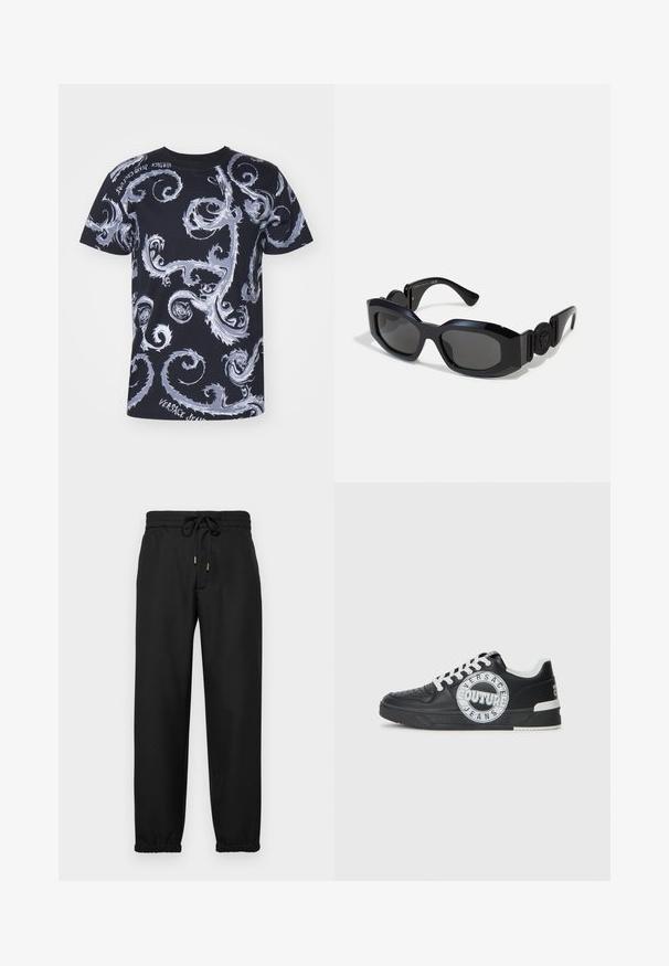 Versace Jeans Couture CHROMO - Triko s potiskem - white/black; Černé tepláky vyrobené z měkké látky, s elastickým pasem a šňůrkou na stažení, zúženými nohavicemi a elastickými manžetami na kotnících.; Černé kožené tenisky s bílými akcenty, kulatými detaily loga, perforovanou špičkou a kontrastní podešví. Obsahují bílé tkaničky a branding.; Černé sluneční brýle s širokým, hranatým rámem a tmavě tónovanými skly. Mají texturované černé strany a kulatý logo akcent na spánku.