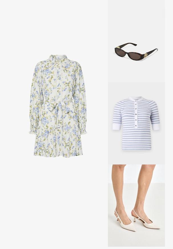 Hvid og lyseblå stribet kortærmet top med rund hals, featuring en knappet frontlomme og ribbet tekstur.; Blomsterkjole i hvid med blå og grønne blomster, med krave, knaplukning foran, lange ærmer med elastiske manchetter og et bånd i taljen.; Beige patenterede læder slingback hæle med spids tå og 5 cm hæl, med udskårne sider og en tynd ankelrem.; Skildpaddemønster solbriller med aflange ovale linser, brun farve, guldlogo accenter på stængerne og slanke sorte arme.; Beige mønsteret taske med en buet form, læderdetaljer og et guldtonet logo på fronten. Har et kort håndtag for nem bæring.