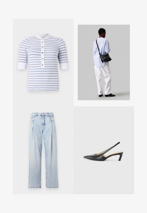 Balts un gaiši zils svītrots īsām piedurknēm tops ar apaļu kakla izgriezumu, kas satur pogājamā priekšpuses apdari un ribotu faktūru.; Gaiši zilas džinsu bikses ar augstu jostasvietu, plats kāju griezumu, divām sānu kabatām un krokotā dizaina akcentiem. Mīksta tekstūra ar izdilušu apdari.; Melna, ar smailu purngalu, slingback kurpe ar zemu papēdi, izgatavota no gludas ādas materiāla un ar izgriezumiem sānos gaisa caurlaidībai.; Melna ādas plecu soma ar mīkstu tekstūru, trīsstūra formu un regulējamu siksnu, apvienota ar gaiši zilu svītrotu krekli un baltām biksēm.