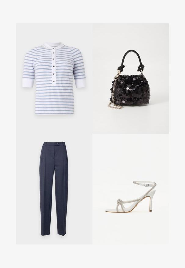 Weiß-blau gestreiftes kurzärmliges Oberteil mit Rundhalsausschnitt, das eine Knopfleiste und eine gerippte Textur aufweist.; Dunkelblaue Tailored-Hosen mit geradem Bein, hoher Taille, Falten und einem einzelnen Knopfverschluss. Glatte Stofftextur.; Weiße High-Heel-Sandale mit einem strukturierten Riemen, der mit Strasssteinen verziert ist, offener Zehenbereich und Knöchelriemen mit verstellbarer Schnalle.; Schwarze Pailletten-Mini-Handtasche mit einem geknoteten, strukturierten Tragegurt und einer silbernen Kette. Abgerundete Form mit gerafftem oberen Teil und reflektierenden Details.