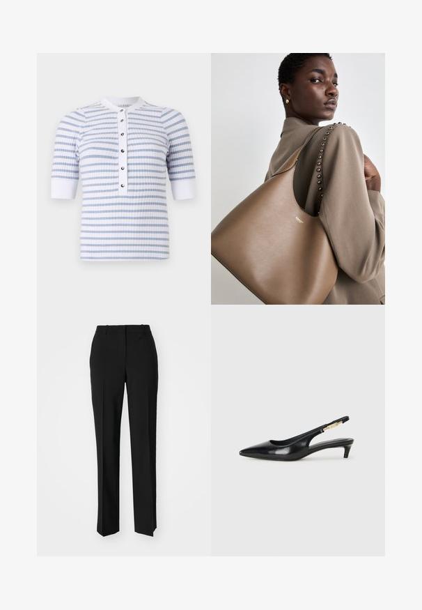Weiß-blau gestreiftes kurzärmliges Oberteil mit Rundhalsausschnitt, das eine Knopfleiste und eine gerippte Textur aufweist.; Schwarze, taillierte Hose mit geradem Bein, aus einem glatten Stoff und mit klaren Falten an der Vorderseite. Keine sichtbare Hardware.; Schwarze Leder-Slingback-Pumps mit spitzem Schuhblatt, ausgestattet mit einem schlanken Absatz und einem goldfarbigen Akzent am verstellbaren Riemen. Glatte Textur.; Braune Lederhandtasche mit glatter Textur, die eine geschwungene Silhouette und ein metallisches Logo aufweist. Der Riemen hat dekorative Nieten entlang der Naht.