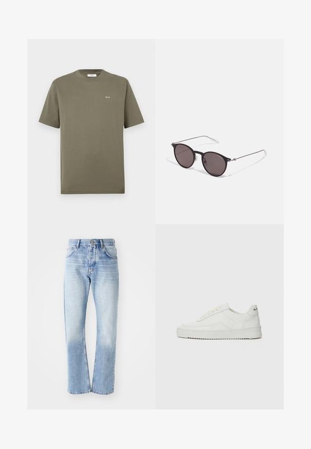 Olive zelena bombažna majica, kratki rokavi, okrogli izrez, vsebuje majhen bel napis "NN. 07" na levi strani prsnega koša, gladka tekstura, običajen kroj.; Svijetloplavi traperice s ravnim nogavicama. Sadrže dizajn s pet džepova, patentni zatvarač i izbjeljenu teksturu prema dnu.; Bela usnjena športna obutev z gladko površino, okroglo prst, ravne vezalke in teksturiran podplat. Ima diskretno logo na peti.; Črne okrogla sončna očala s temnimi lečami in tankimi kovinskimi ročaji. Vključujejo prosojne konec ročajev in srebrne poudarke na tečaju. Minimalističen dizajn.
