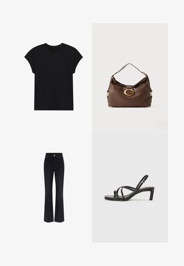Zwarte katoenen t-shirt met een ronde hals, korte mouwen en een comfortabele pasvorm. Soepele structuur en geen zichtbare patronen of versieringen.; Zwarte denim flare jeans met een hoge taille, een vijf-pocket ontwerp en metallic knoopaccenten aan de zijkanten. Glad textuur en klassieke pasvorm.; Zwarte sandaal met bandjes, vierkante teen en een lage blokhak. Voorzien van meerdere dunne bandjes en een verstelbare enkelband. Gemaakt van zacht leer.; Bruine leren handtas met een textuurafwerking, voorzien van een gouden sluiting en een enkele, gebogen schouderriem.