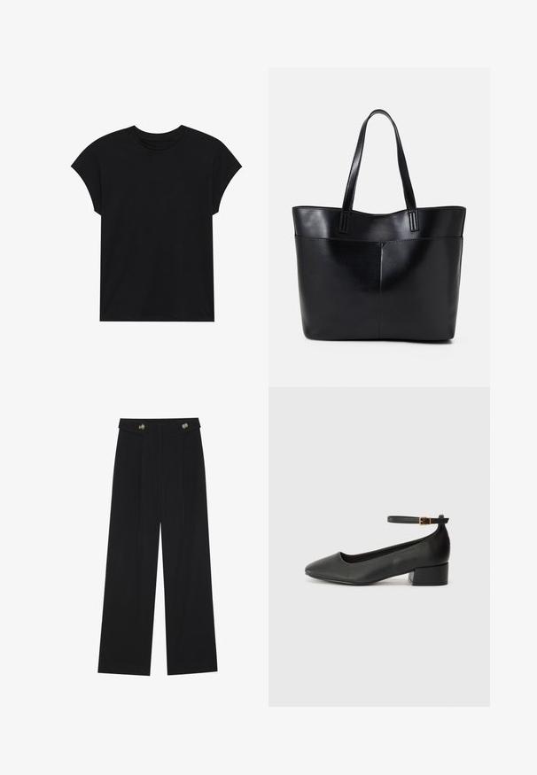 Črna bombažna majica s krožnim izrezom, kratkimi rokavi in sproščenim krojem. Gladka tekstura brez vidnih vzorcev ali okrasnih elementov.; Črne široke hlače s visokim pasom, gumbnimi detajli na pasu in sprednjimi gubami.; Črne usnjene pumpice z nazobčanimi prsti in nizko blokasto peto. Imajo trak okoli gležnja z zaponko v zlatem tonu. Gladka tekstura.; Črna usnjena torba z dvema dolgima ročajema, gladko teksturo in strukturirano obliko. Ima sprednji žep za dodatno shranjevanje.