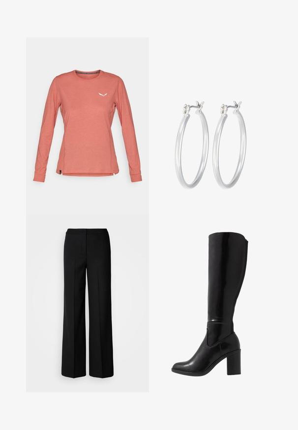 Majica z dolgimi rokavi v svetlo koralni barvi, izdelana iz mehkega blaga, z okruglim izrezom in majhnim belim logotipom na prsih. Zareze na straneh na robu.; Črne široke hlače iz gladkega materiala, z visokim pasom, krojenimi šivi in minimalističnim dizajnom. Brez vidnih zakov ali žepov.; Črne sljive do kolen z visokim peto, zaobljen toe, gladka tekstura, stranska izrezana podrobnost in širok zložen pet. / Imitacija laka.; Srebrni obroči za ušesa z gladko, polirano površino. Okrogla oblika in varna zaponka s klikom. Lahka zasnova, primerna za vsakodnevno nošenje.