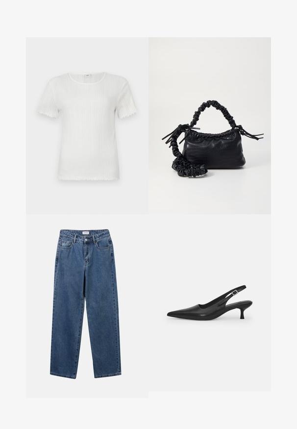 Top alb cu mânecă scurtă, cu textură ribbată, decolteu rotund și margini franjurate, având detalii cu dungi verticale pe tot parcursul.; Jeans clasice din denim albastru, cu un design drept, cinci buzunare și închidere cu nasture. Prezentând o spălare medie și o textură rezistentă.; Sandal din piele neagră, cu vârf ascuțit și toc subțire, curbat. Are o curea ajustabilă discretă, cu o cataramă din metal.; Geantă din faux leather neagră cu textură de crocodil, cu partea superioară strânsă și o curea mototolită. Pare moale și compactă ca design.
