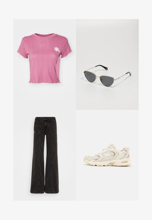 Rosa kortermet t-skjorte med ribbet tekstur og bølget kant. Har hvit blomstermønsterbroderi på venstre bryst. Lett stoff.; Svart bredbeinede jeans laget av denim, med høy midje, frontlommer og ton-i-ton sømmer langs sømmene.; Beige idrettssko med mesh og syntetiske dekninger, med en teksturert overflate, polstret krage og "ABZORB" demping i hælen.; Solf rammende solbriller i gullfarge med mørke linser, katteøyeform, og svarte tempelarmer med en regnbueakzent på den ene siden.