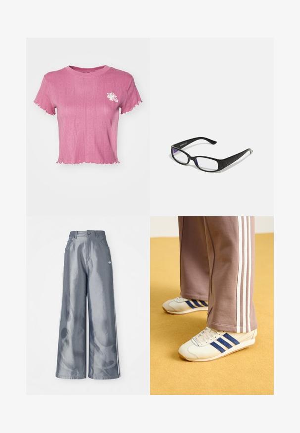 Rozā īsā t-krekls ar ribota tekstūra un viļņotām malām. Uz kreisā krūts ir balta ziedu izšuvuma apdare. Viegls audums.; Platas kājas bikses no spīdīga pelēka materiāla, ar baltām sānu svītrām un liesmu rakstu apakšējā kāju daļā. Pogas un rāvējslēdzēja aizdare jostasvietā.; Krēma krāsas kedas ar zilo zamšādu svītrām, baltām auklām un gumijas zoli. Apvienotas ar pelēkām sporta biksēm ar baltām sānu svītrām.; Melnas taisnstūra brilles ar caurspīdīgiem stikliem. Spīdīga apdare, šauri kāti un violetais tonis, kas ir redzams stiklu malās.