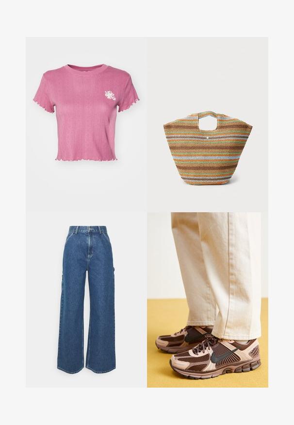 Różowa, krótka koszulka z teksturowanym ryżem i falbaniastymi brzegami. Zawiera białą haftowaną aplikację z kwiatowym motywem na lewej piersi. Lekki materiał.; Szerokie niebieskie dżinsowe spodnie z wysokim stanem, kontrastowymi szwami i bocznymi kieszeniami, z klasycznym pięciokieszeniowym wzorem i surowymi brzegami.; Sneakers Nike charakteryzują się połączeniem brązowej i jasnoróżowej siateczki oraz gumy, z czarnymi akcentami i teksturowaną podeszwą, zestawione z beżowymi spodniami.; Torebka z plecionego słomy z wielokolorowymi paskami w kolorze brązowym, zielonym, pomarańczowym i niebieskim. Posiada płaski kształt i dwa otwory na ręce. Lekka konstrukcja.