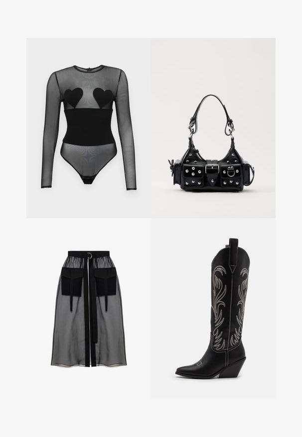 Undress Code BED OF ROSES BODYSUIT - Top s dlouhým rukávem - black; Černá průhledná sukně s nařaseným pasem, která má dvě velké přední kapsy, páskový uzávěr a kulatý kovový akcent.; Černé kožené kovbojské boty s špičatými špičkami, podpatky ve tvaru klínu a stříbrně vyšívanými květinovými vzory po celé délce. Kontrastní prošívání po celém obvodu.; Černá kožená kabelka s křivkovým designem, zdobená stříbrnými hřebíky, s přezkou a dvěma bočními kapsami. Nastavitelný popruh pro různé možnosti nošení.