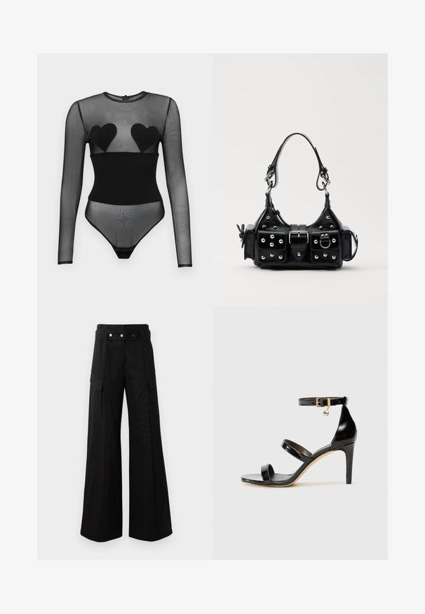 Undress Code BED OF ROSES BODYSUIT - Ilgarankovis viršutinės dalies drabužis - black; Juodos platėjančios kelnės su aukštu juosmeniu, turinčios dideles šonines kišenes, dvi priekinės mygtukus ir kilpelės detalę. Pagamintos iš tvirto audinio.; Juodas patentuotas odinis sandalai su trimis diržais, kulkšnies sagtimi ir 4 colių stiletto kulnu. Yra aukso detalės ir logotipo žavesys.; Juodas odinis rankinukas su kreiviu dizainu, su sidabro spalvos knopkėmis, užsegimu ir dviem šoninėmis kišenėmis. Reguliuojama dirželis nešimui.