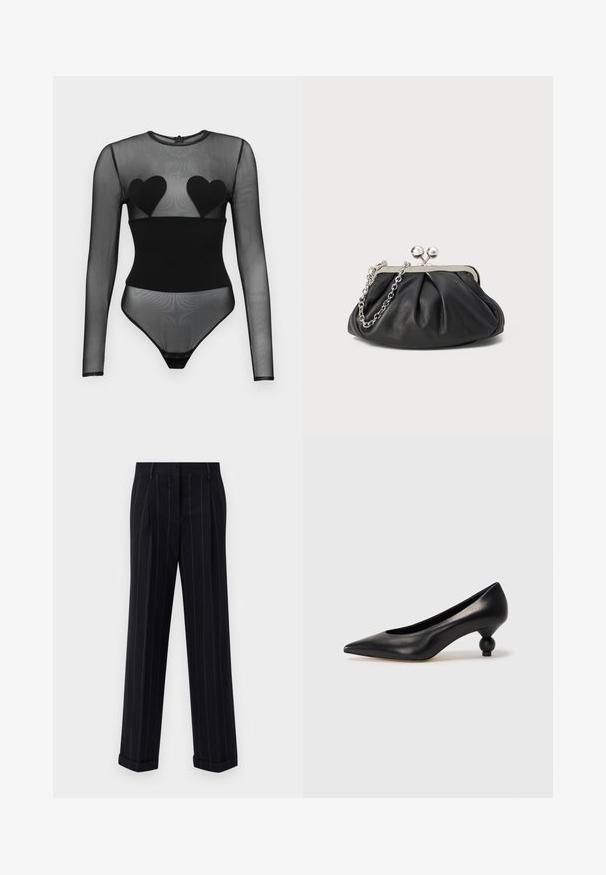 Undress Code BED OF ROSES BODYSUIT - Long sleeved top - black; Black pinstriped trousers with a tailored fit, featuring a cuffed hem and front pleats. Made of smooth fabric with a structured design.; Black leather high heel shoe with a pointed toe and a round, balled heel. Smooth texture with a sleek, minimal design.; Black leather clutch with gathered texture, silver-tone metal frame, kiss-lock closure, and chain strap. Smooth, soft surface.