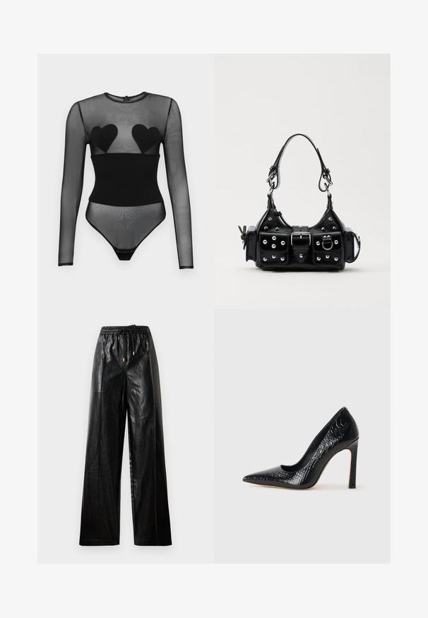 Undress Code BED OF ROSES BODYSUIT - Langærmet T-shirt - black; Sorte læder bukser med vide ben, elastisk taljebånd, snoretræk og guldfarvede hardware detaljer. Glat tekstur og løs pasform.; Sorte spidse tå stiletto-sko i krokodilleskind med et strømlinet design, høj hæl og glat sort inderside.; Sort læderhåndtaske med et buet design, prydet med sølvfarvede nitter, en spænde og to sidelommer. Justerbar rem til forskellige bære muligheder.