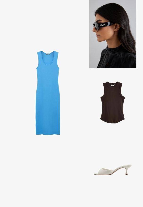 Smeđi rebrasti majica bez rukava s okruglim izrezom. Ima zakrivljeni donji rub za prilagođeni fit, izrađena od rastezljivog materijala.; Plava haljina bez rukava napravljena od glatkog, rastezljivog materijala, s izrezom u obliku četvrtastog vrata i prilagođenim krojem do članaka. Nema vidljivih uzoraka ili hardvera.; Bijele otvorene sandale s visokom petom, glatke površine, minimalističkog dizajna i uske pete, sa suptilnim smeškastim naglaskom na đonu.; Crne sunčane naočale s okruglim lećama i odvažnim, uglatim okvirom s brendom "Chloé" u bijeloj boji sa strane. Glatka, sjajna završna obrada.; Okrugli sat od nehrđajućeg čelika sa srebrnim i zlatnim metalnim povezom. Bijela ploča ima zlatne naglaske i bezelj ukrašen kristalima.