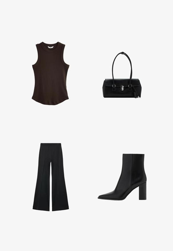 Rjava rebrasta majica brez rokavov s krožnim ovratnikom. Ima ukrivljen rob za prilega silhueto, izdelana je iz raztegljive tkanine.; Črne široke hlače z gladko teksturo, ki imajo sprednje nabore in kroj po meri. Tkanina je lahka in zračna.; Črne usnjene gležnjarje z ostrim nosom, kvadratno peto, gladko teksturo in šivi ob šivih. Pete merijo približno 3,5 palca.; Črna usnjena torbica z gladko teksturo, strukturirano zasnovo, dvema ročkama in s srebrnim sponko na sredini.