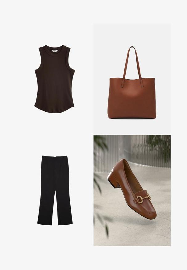Braunes geripptes Tanktop mit Rundhalsausschnitt und ärmellosem Design. Verfügt über einen abgerundeten Saum für eine figurschmeichelnde Silhouette und besteht aus dehnbarem Stoff.; Schwarze Hose mit geradem Schnitt, ausgestattet mit Fronttaschen und Seitenschlitzen am Saum. Hergestellt aus weichem, glattem Stoff. Geeignet für verschiedene Anlässe.; Braune Lackleder-Loafer mit quadratischer Zehenpartie, metallischem Kettenakzent und niedrigem Blockabsatz; glatte Textur, minimalistisches Design.; Braune Leder-Tote mit glatter Textur, offenem Oberteil und zwei Schulterriemen. Verfügt über minimale Nähte und keine sichtbaren Beschläge.
