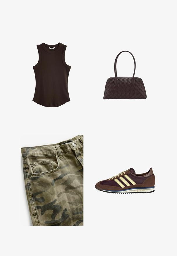 Brązowy prążkowany top na ramiączkach z okrągłym dekoltem i bez rękawów. Zawiera wyprofilowany doł pielęgnacyjny dla dopasowanego kroju, wykonany z elastycznej tkaniny.; Next - Szorty jeansowe; Brązowe i burgundowe sneakersy wykonane z zamszu i siateczkowych materiałów, z trzema kremowymi paskami, teksturowanym materiałem na języku i gumową podeszwą.; Woven brązowa skórzana torebka o zaokrąglonym kształcie, z podwójnymi uchwytami u góry i gładką fakturą; posiada subtelne przeszycia jako detal projektu.
