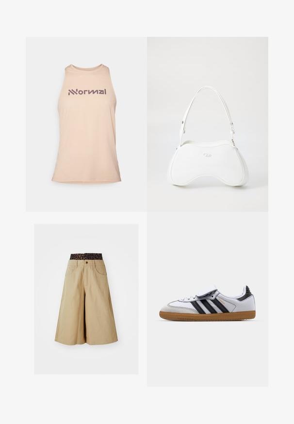 Bežinis be rankovių marškinėlis su tekstūruotu audiniu, ant krūtinės pabrėžiančiu žodį "Normal" ryškiai purpurine spalva.; Kaki šortai su plačių kojų dizainu ir leopardine juostos juosta. Yra priekiniai kišeniai ir mygtuko užsegimas. Lygus, tekstūruotas audinys.; Balti odiniai sportbačiai su juodomis juostelėmis ir pilkais akcentais, suapvalinta nosimi ir guminėmis išorinėmis dalimis. Velcro užsegimas ir raištelių užsegimas.; Balta rankinė su lygiu, blizgiu paviršiumi, išlenkta forma ir viena reguliuojama rankena. Priekyje yra įspaudas su logotipu.