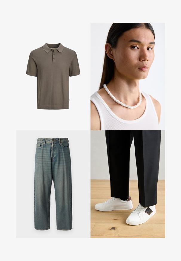 Jack & Jones PREMIUM SANDRI - Polosärk - brown; Heledad sinine denim-stiilis teksad, volüümse lõike, keskmise kõrgusega talje ja sirgete säärega. Omab viit taskut, vöökumme ja nööpide sulgemist.; Valged sneakersid siledat tekstuurist, millel on pruunad nahast detailid ja mustad aksessuaarid, millele on sobitatud mustad kohandatud püksid. Puitpõranda taust.; Valge koorekaelakee, mis on valmistatud ebaregulaarsetest kujunditest, kantakse sobiva valge särkide ülaosa peal. Sile tekstuur kerge läikega, tihedalt istuv disain.