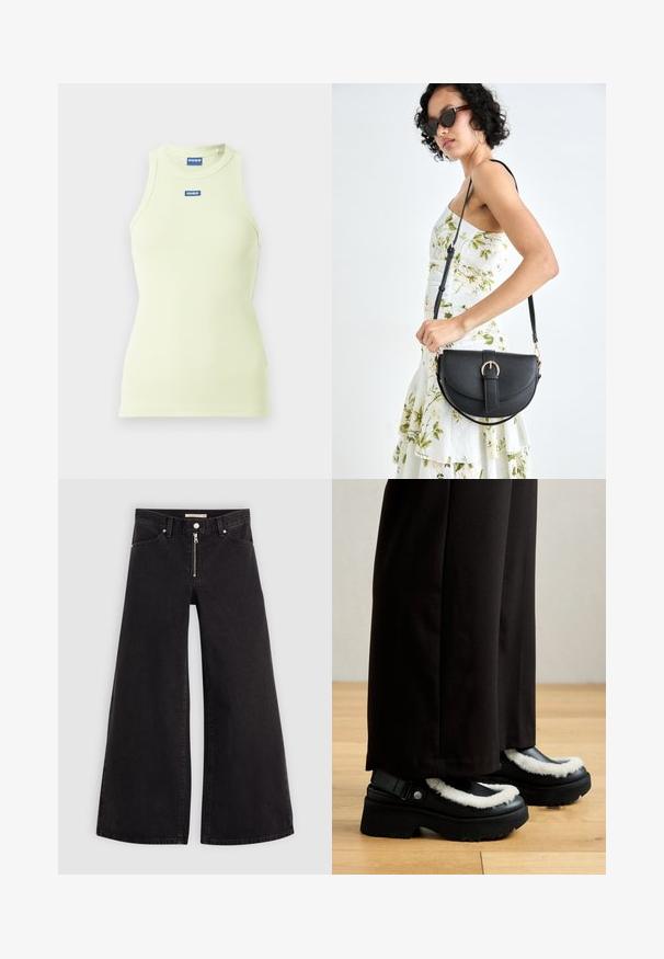 Svetlo rumena rebrasta majica bez rukava s uskim krojem, z okroglim izrezom in majhnim modrim logotipom na sredini.; Široke traperice iz črnega denima z zadrgo spredaj, petimi žepi in diskretnimi šivi. Gladka tekstura in ležeren slog.; Črne platform čevlje imajo bel puhast obrob, zaobljen toe in trak z kovinsko gumbom. Nosi se jih z črnimi hlačami na lesenem tleh.; Črna usnjena torbica s ukrivljeno obliko, z odstranljivo naramnico in zlatimi dodatki. Torbica ima pokrov s podrobnostmi v obliki zaponke.