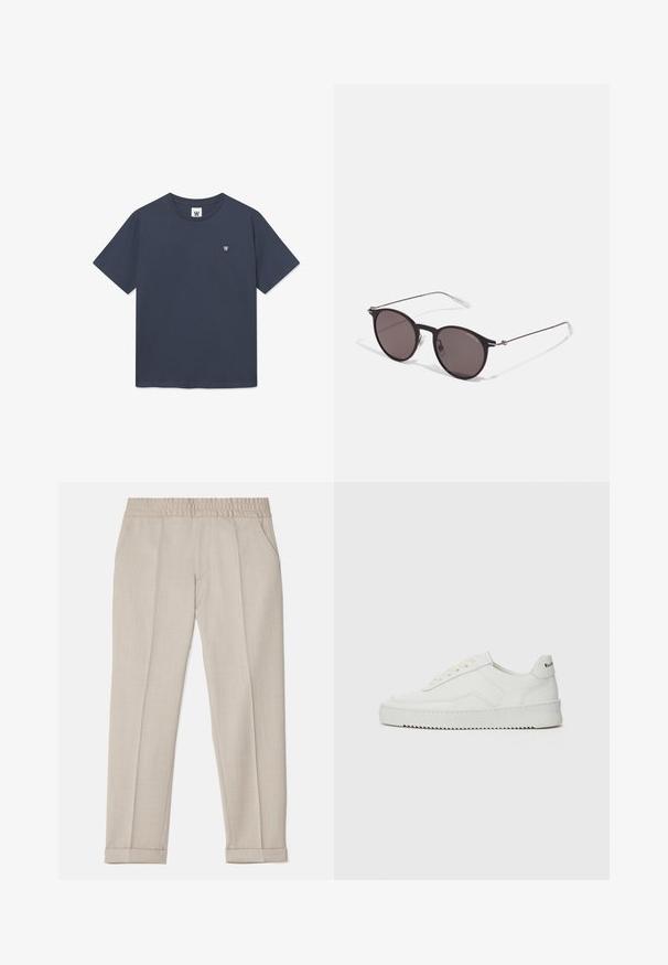 Tricou bleumarin din bumbac, cu guler rotund, mâneci scurte și o mică etichetă cu logo pe partea stângă a pieptului. Textură a materialului neted.; Filippa K TERRY CROPPED TROUSERS - Pantaloni - sage melange; Sneakers din piele albă cu un finisaj neted, vârf rotund, șireturi plate și o talpă texturată. Prezintă un logo subtil pe călcâi.; Ochelari de soare negri rotunzi cu lentile întunecate și brațe metalice subțiri. Include vârfuri transparente pentru brate și accente argintii la balama. Design minimalist.