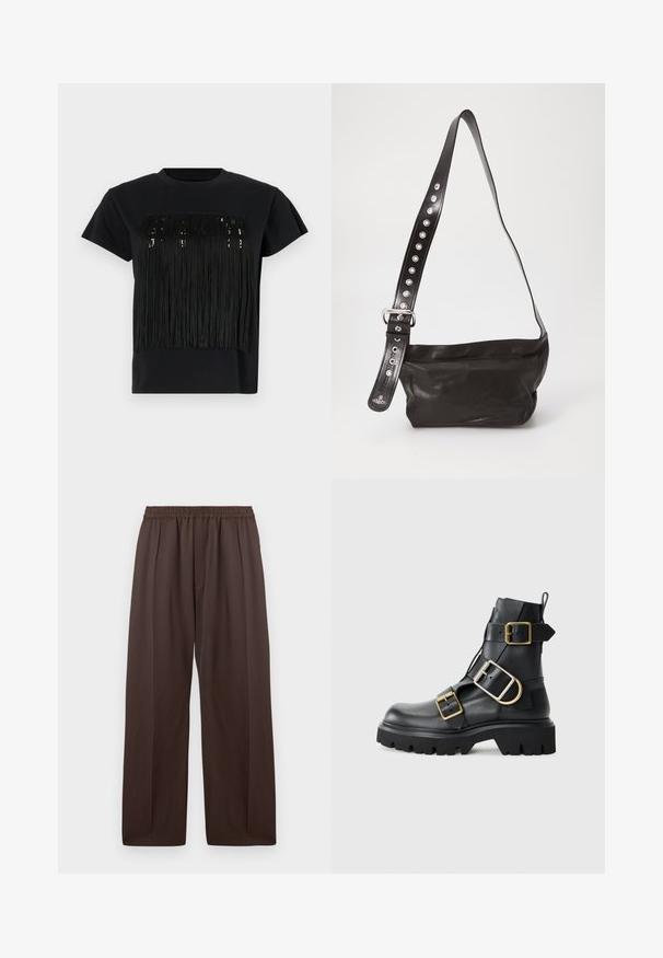 Melnā t-kreklā ar īsām piedurknēm ir frēzēšanas dizains krūšu daļā. Frēze ir izgatavota no teksturēta materiāla, piešķirot dimensiju.; Brūni platā kāju bikses ar elastīgu jostu un smalkām priekšējām krokām, izstādītas plakani uz baltā fona.; Melna ādas potīšu zābaku ar masīvu zoli, kuram ir vairāki siksniņas un zelta aksesuāri. Gluda tekstūra, izturīgs dizains.; Melnas ādas plecu soma ar teksturētu virsmu, kurai ir plata regulējama siksna, kas rotāta ar sudraba kniedēm un metāla sprādzi.