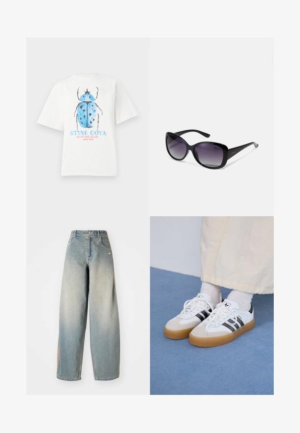 T-shirt de algodão branco com mangas curtas, apresentando um gráfico de um escaravelho azul e o texto "STINE GOYA CAMPING CLUB DESDE 2006".; Jenas de perna larga em denim azul claro com um acabamento desbotado. Apresenta bolsos frontais, fecho de botão e um logotipo discreto na cintura.; Ténis brancos com riscas pretas e detalhes em camurça bege. Apresentam uma sola de borracha texturizada e atacadores brancos lisos, usados com meias de tom claro.; Polaroid Óculos de sol - black