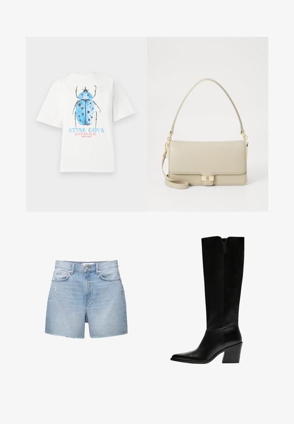 Tricou alb din bumbac, cu mâneci scurte, având un grafic cu un gândac albastru și textul "STINE GOYA CAMPING CLUB DIN 2006."; Șorturi din denim de un albastru deschis, cu margini franjurate, cinci buzunare și închidere cu buton. Materialul are o nuanță decolorată și ușoare deteriorări.; Cizme negre până la genunchi, fabricate din piele netedă, cu vârf ascuțit, toc pătrat și o decupare în formă de V în partea de sus.; Geantă de mână din piele bej, cu o formă structurată, închidere cu hardware de aur și curea de umăr detașabilă. Textură netedă și design minimal.