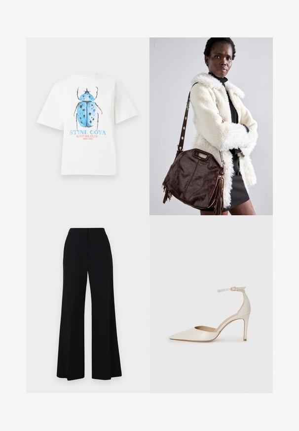 Bijela pamučna majica s kratkim rukavima na kojoj se nalazi grafika plave bube i tekst "STINE GOYA CAMPING CLUB SINCE 2006."; Crne hlače širokih nogavica sa visokim strukom, glatke tkanine i čistih linija. Bez vidljivih metalnih dijelova ili uzoraka.; Bijela kožna visoko potpetica s oštrim vrhom, remenom oko članaka i tankom stiletto potpeticom. Glatka tekstura s blagim sjajnim završetkom.; Smeđa kožna torba s teksturiranim finišem, nabranim rubovima i bočnim resicama; ima odvojivi remen za rame s metalnim detaljima.