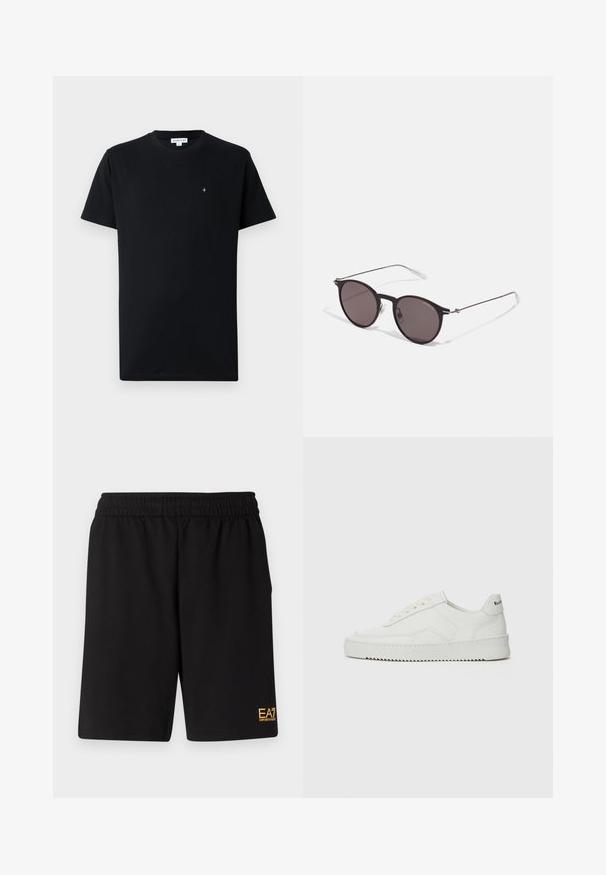 Zwarte T-shirt met korte mouwen van katoen, met een ronde halslijn en een klein, rond logo op de borst. Leverancier een gladde textuur.; Zwarte sportshorts van zacht materiaal, met een elastische tailleband en een klein geel EA7-logo op de onderste linkeronderbroek.; Witte leren sneaker met een gladde afwerking, ronde neus, platte veters en een gestructureerde zool. Kenmerkt zich door een subtiel logo op de hiel.; Zwarte ronde zonnebril met donkere lenzen en slanke metalen armen. Inclusief heldere tempelpunten en zilveren accenten bij de scharnier. Minimalistisch ontwerp.
