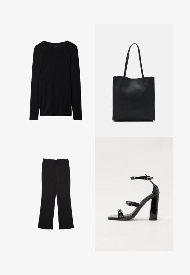 Schwarz langärmliges T-Shirt aus weichem Stoff mit Rundhalsausschnitt und glatter Textur. Verfügt über ein einfaches, minimalistisches Design.; Schwarze Hose mit geradem Schnitt, ausgestattet mit Fronttaschen und Seitenschlitzen am Saum. Hergestellt aus weichem, glattem Stoff. Geeignet für verschiedene Anlässe.; Schwarze patentierte Sandalen mit Absatz, quadratischer Spitze, Knöchelriemen und silbernen Schnallen. Mit einem stabilen Blockabsatz für mehr Stabilität.; Schwarze Laptoptasche aus Leder mit glatter Textur, rechteckiger Form und zwei langen Griffen. Keine sichtbaren Beschläge oder Verzierungen.
