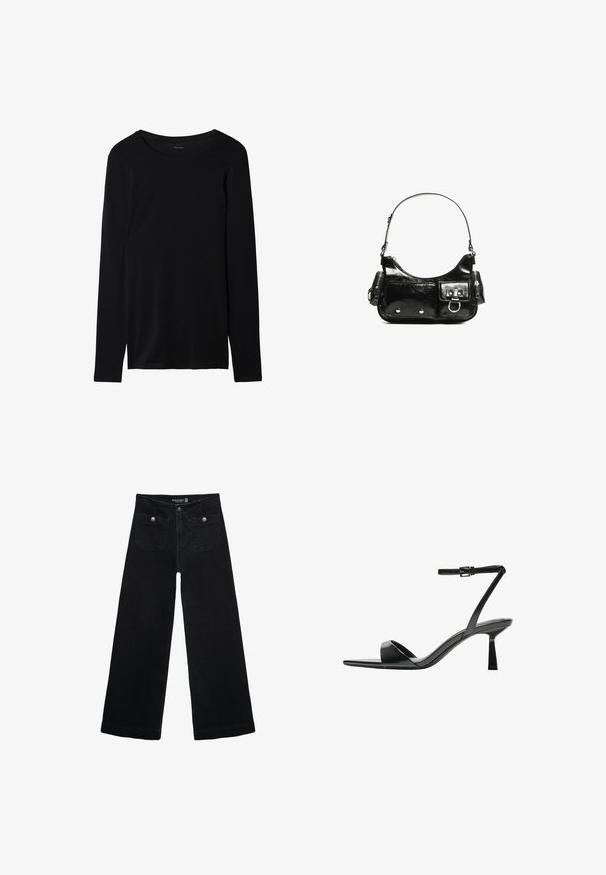 Schwarz langärmliges T-Shirt aus weichem Stoff mit Rundhalsausschnitt und glatter Textur. Verfügt über ein einfaches, minimalistisches Design.; Schwarze, weit geschnittene Jeans mit hoher Taille, die zwei Fronttaschen und metallene Knopfakzente aufweist. Der Stoff hat eine glatte Textur.; Bershka High Heel Sandalette - black; Schwarze Lackleder-Handtasche mit geschwungenem Design, einem Schulterriemen, Vordertaschen und silberfarbenen Hardware-Akzenten.