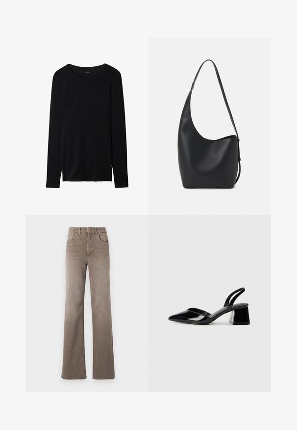 Black long-sleeve t-shirt made from soft fabric with a round neckline and a smooth texture. Features a simple, minimalist design.; Brown high-waist straight-leg jeans with front button, belt loops, and classic five-pocket design on a white background.; Black patent leather slingback heels with a pointed toe and a geometric block heel. Features a sleek, minimal design and smooth texture.; Black leather hobo bag with a smooth texture, curved shape, and single adjustable strap; features a wide opening at the top.