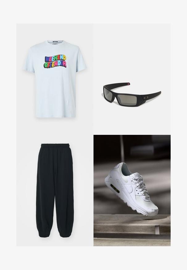 Světle modré bavlněné tričko s vícebarevným potiskem "WEEKEND OFFENDER" umístěným na hrudi v tučných a hravých písmenech.; Černé teplákové kalhoty s elastickým pasem, volným střihem, manžetami na kotnících, hladkým povrchem a bez viditelných vzorů či kovových detailů.; Bílé tenisky Nike Air Max 90 s vrchním materiálem z textilu a kůže, perforovanou špičkou a viditelnou vzduchovou jednotkou v patě.; Černé sluneční brýle s matným povrchem, obdélníkové čočky, mírná křivka na spáncích, nenápadný detail loga a čočky s kouřovým zabarvením.