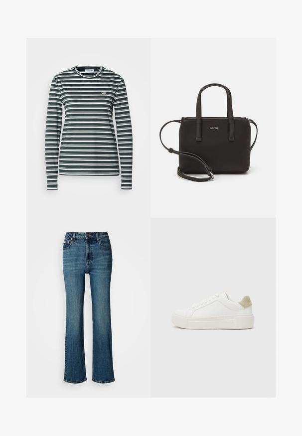 Pitkähiha, pyöreäkauluksinen paita, jossa on tummanvihreitä ja valkoisia vaakaraitoja. Rintataskussa on pieni brodeerattu logo. Pehmeää kangasta.; Korkeavyötäröiset siniset farkut, jotka on valmistettu denimistä, ja joissa on suora lahje, hienovarainen haalistuminen sekä tavallinen nappi- ja vetoketjusuljenta.; Valkoinen lenkkari, jossa on sileä nahkapinta, vaaleanharmaa mokkahiuskorostus kantapäässä ja paksu valkoinen kumipohja. Varustettu nauhoitettavalla muotoilulla.; Musta käsilaukku, jossa on kaksinkertaiset lyhyet kahvat ja irrotettava olkahihna. Silkkinen nahkatunneinen materiaali, jossa on vetoketjukiinnitys ja logoyksityiskohta.