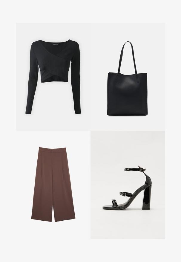 Even&Odd Langærmet T-shirt - black; Brune bredbunde bukser med en glat tekstur, der har høj talje og plisseringer foran. Stoffet er let og falder løst.; Sorte patenterede hælsandaler med firkantet tå, ankelremme og sølvspænder. Har en chunky blokHæl for stabilitet.; Sort læder tote taske med glat tekstur, rektangulær form og to lange hanke. Ingen synlig hardware eller udsmykninger.