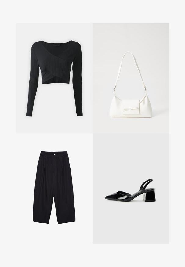 Even&Odd Langærmet T-shirt - black; Sorte polyester culotte bukser med elastisk talje, to forpiber og en løs silhuet. Ingen synlige mønstre eller hardware detaljer.; Sorte patentlæder slingback hæle med spids tå og en geometrisk blok hæl. Har et elegant, minimalistisk design og en glat tekstur.; Hvid syntetisk håndtaske med en trekantet form, flad forsideklap og sløjfedetalje, justerbar strop, glat tekstur og minimalistisk design.