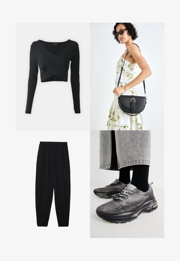 Even&Odd Topper langermet - black; Svarte, lette bukser med elastisk liv og rynkede ankler. Stoffet er glatt og har en avslappet, innsvingt design.; Sorte og grå treningssko har en mesh-overdel, tykke såler og snøring. De har en rund tå og synlige dempe detaljer.; Svart lærveske med en buet form, avtagbar stropp og gullbeslag. Vesken har et klaff med spenne-detall.