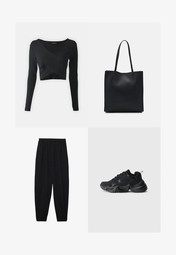 Even&Odd Langarmshirt - black; Schwarze, leichte Hosen mit einem elastischen Bund und gerafften Knöcheln. Der Stoff ist glatt und hat ein entspanntes, schmal zulaufendes Design.; Schwarze Sneakers mit einer Mischung aus glatten und strukturierten Materialien, dicken Sohlen, runder Form und dekorativem Nähen. Sie verfügen über einen weichen, gepolsterten Kragen.; Schwarze Laptoptasche aus Leder mit glatter Textur, rechteckiger Form und zwei langen Griffen. Keine sichtbaren Beschläge oder Verzierungen.