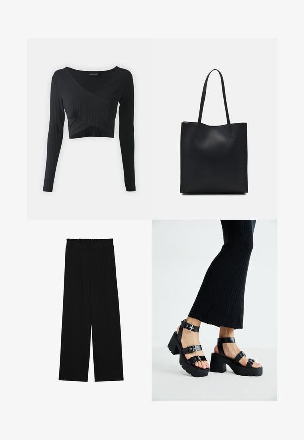 Even&Odd Langarmshirt - black; Schwarze weit geschnittene Hose mit einem gerüschten Bund, ausgestattet mit zwei Seitentaschen und einem glatten, leichten Stoff. Keine sichtbaren Muster oder Beschläge.; Schwarze Plattform-Sandalen mit robusten, profilierten Sohlen und mehreren Riemen, ausgestattet mit metallischen Schnallen und einer glatten, lederähnlichen Textur.; Schwarze Laptoptasche aus Leder mit glatter Textur, rechteckiger Form und zwei langen Griffen. Keine sichtbaren Beschläge oder Verzierungen.