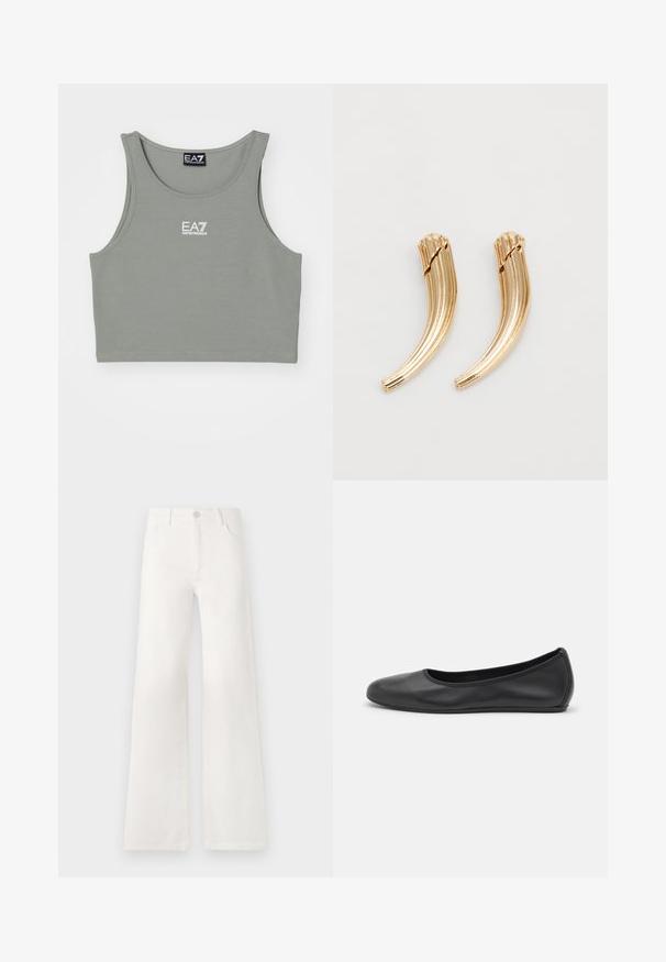 Brezrokavni skrajšan top v svetlo sivi barvi, izdelan iz mehkega materiala. Ima okroglo izrezano vratno linijo in majhen bel logotip spredaj.; Bela, visoko pasovana široka obrtnica iz denima. Ima zaponko, dva sprednja žepa in stranske šive s podrobnostmi šivanja.; Črne usnjene balerinke z zaobljenim nosom, gladko teksturo, minimalnimi šivi in fleksibilno zasnovo podplata.; Zlato obarvani kovinski sponki za lase s curved, rebrasto zasnovo. Gladka tekstura s poliranim zaključkom in zaobljenimi konicami. Prikazana sta dva kosa.