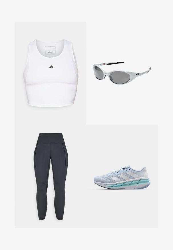 White athletic crop top made of lightweight, breathable fabric. Features mesh side panels and black embroidered logo on the chest.; High-waisted black leggings made of stretchy, smooth fabric. Features two side pockets and contrast stitching along the seams.; Light blue athletic shoes with a textured knit upper, white accents, and a transparent green midsole. Rounded toe and padded collar.; White plastic sunglasses with large oval lenses, gray tinted. Features black ear grips and a small logo on the frame. Smooth finish.