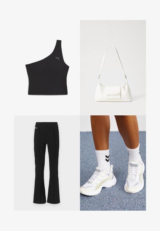 Mustmust õla spordibrasi, valmistatud venivast kangast, millel on sile tekstuur; esiküljel on väike hall Puma logo.; Mustad kõrge vöökoht flared püksid, millel on ette siidise detailid ja väike brändipatch vasakul ülaservas.; Valged tennisjalanõud hõbedaste aktsentidega, survematerjalist ja massiivse kujundusega. Kombineeritud mustade haakmustritega valgete sokkidega.; Valge sünteetilisest materjalist kott kolmnurkse kujuga, lame esiklapiga ja kaaredetailiga, reguleeritava rihmaga, sileda tekstuuriga ja minimalistliku disainiga.