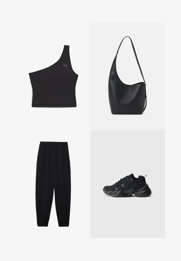 Mustmust õla spordibrasi, valmistatud venivast kangast, millel on sile tekstuur; esiküljel on väike hall Puma logo.; Mustad, kerge kangas püksid elastse vöökoha ja kokku volditud pahkluudega. Kanga pind on sile ja disain on lõdvestunud, kitsenev.; Mustad Nike, mis ühendab sujuvaid ja tekstuuriga materjale, paksud tallad, ümar kuju ja dekoratiivne õmblemine. Omab pehmet ja luksuslikku ääret.; Mustast nahast hobo kott, millel on sile tekstuur, kumer kuju ja üks reguleeritav rihm; peal on lai avaus.