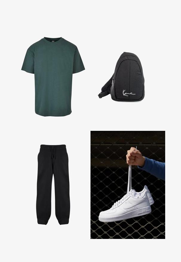 Sötétzöld pamut póló kerek nyakkal, rövid ujjal és egyenes szegéllyel. Puha tapintás, laza szabás és egyszerű dizájn.; Fekete melegítőnadrág elasztikus derékkal, zsinórral és oldalsó zsebekkel. Puha anyagból készült, laza fazonnal és cuffolt bokákkal.; Fehér bőr sportcipők perforációval, kerek orral, lapos talppal és vastag fűzőkkel, látható swoosh logóval és "AIR" felirattal a sarokrészen.; Fekete szövet válltáska sima textúrával, ívelt kialakítással, cipzáras rekesszel, és egy fehér logóval az elején.